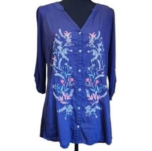 Indigo 3/4 Sleeve Embroidered Tunic Top
